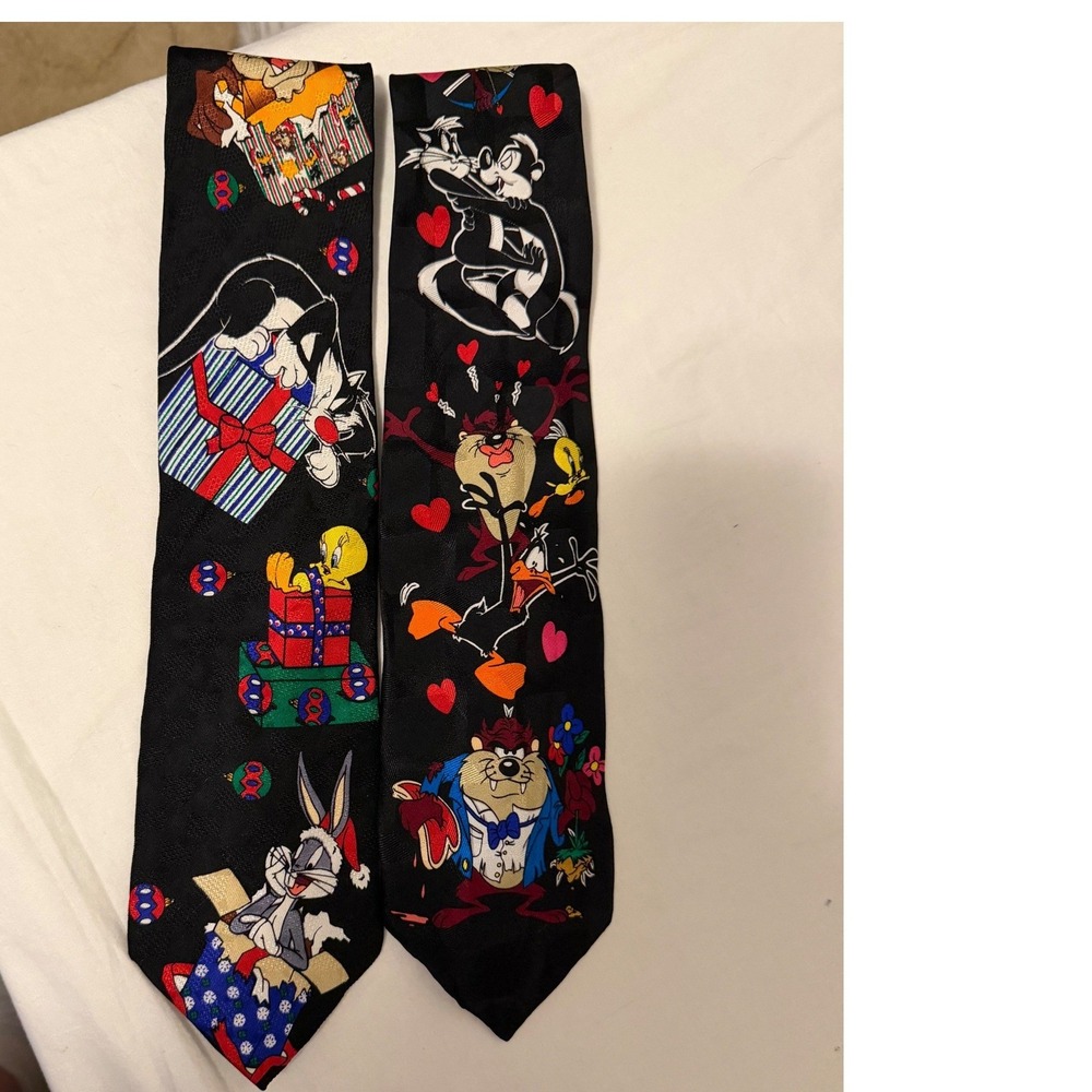Vintage Looney Tunes Mania Silk Tie Lot 2 Bugs Bunny Taz Daffy Duck 90s Black